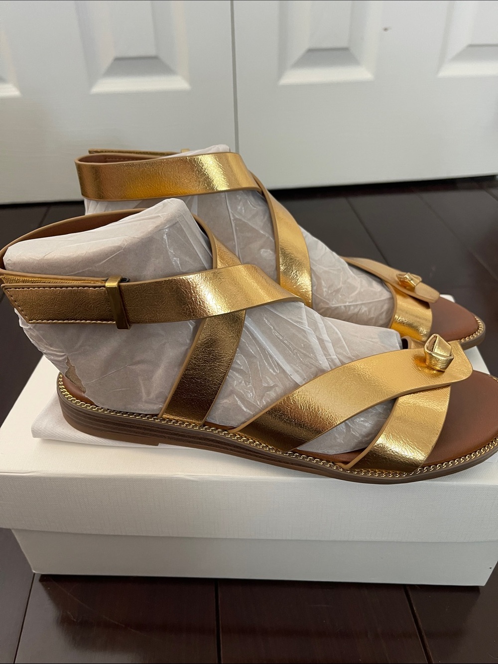 Franco Sarto Metallic Gold Cross-Strap Ankle Sandal - Picture 3 of 7